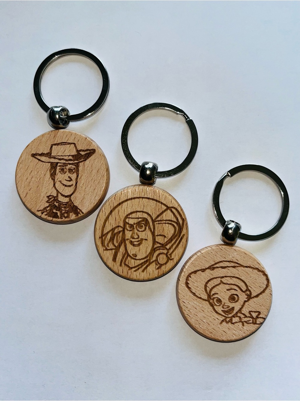Set of 3 engraved Wooden Cartoon Character Round Keyring - Brown